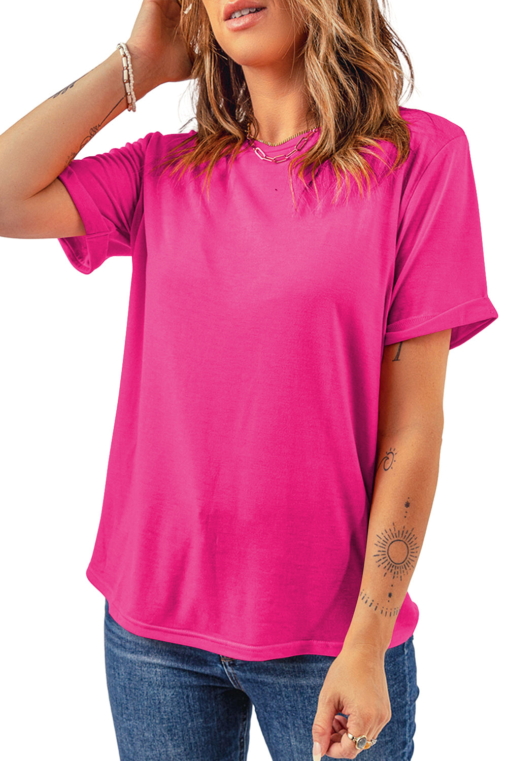 White Solid Color Basic Crew Neck Plain Tee