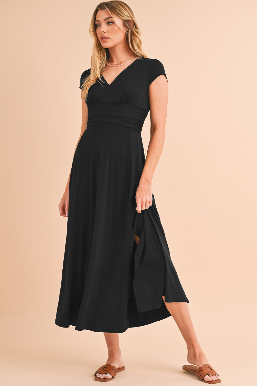 Black Deep V Neck Ruched High Waist Midi Dress