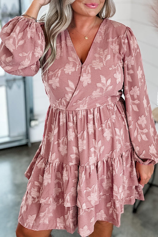 Peach Blossom Floral Surplice V Neck Tiered Ruffle Plus Size Dress