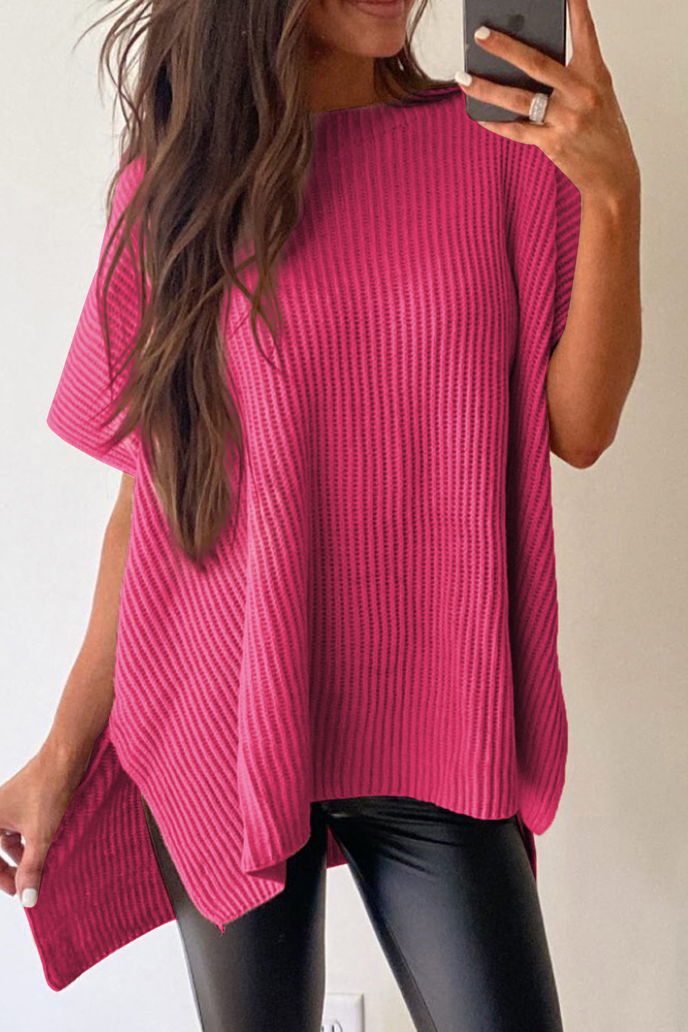 Apricot Side Slit Short Sleeve Oversized Sweater