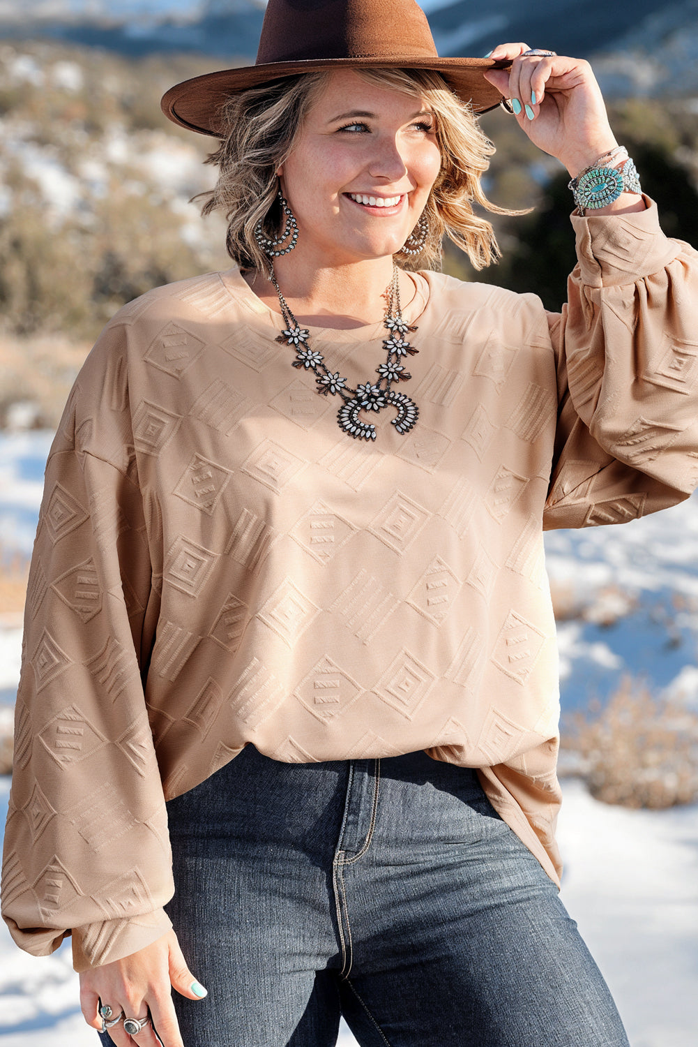 Parchment Plus Size Textured Drop Shoulder Crew Neck Sweatshirt