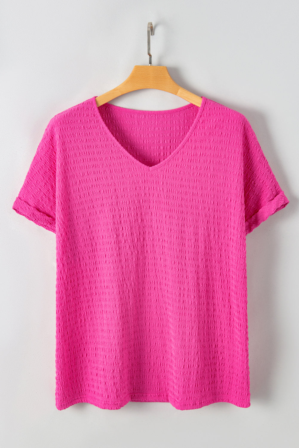 Bright Pink Textured V Neck Batwing Sleeve Plus Size Blouse