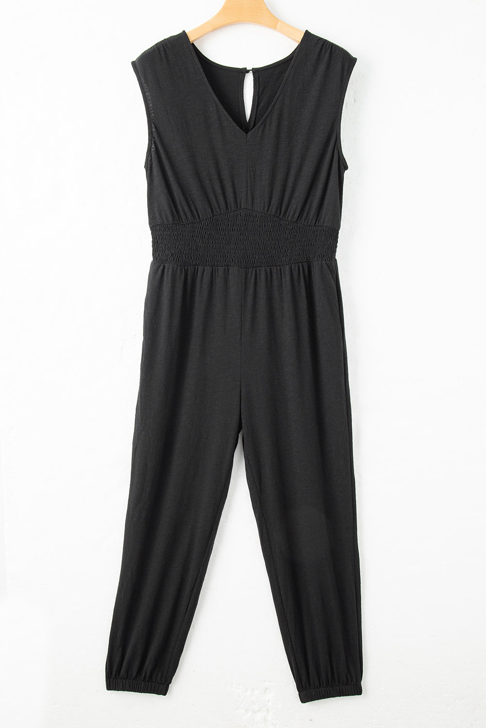 Black Plus Size Smocked High Waist Sleeveless V Neck Jumpsuit