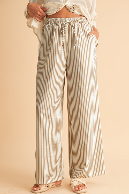 Khaki Striped Drawstring Waist Loose Pants