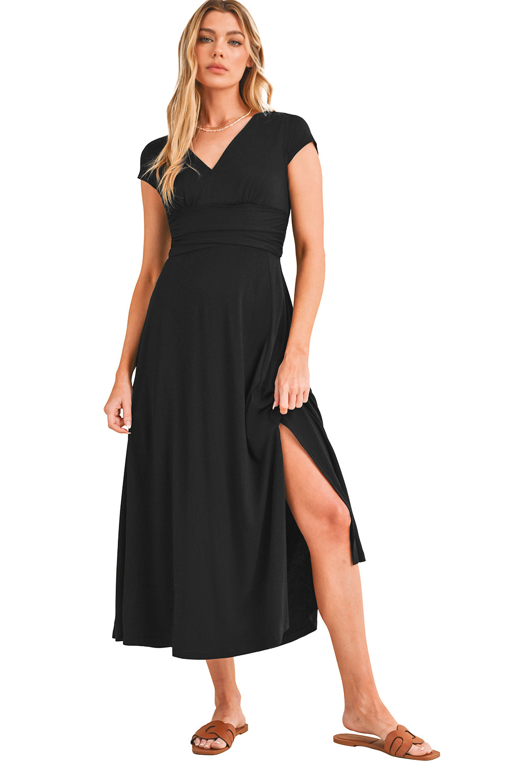 Black Deep V Neck Ruched High Waist Midi Dress