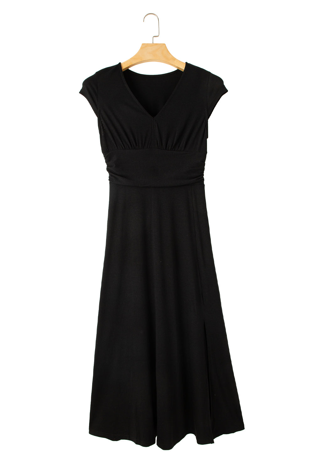 Black Deep V Neck Ruched High Waist Midi Dress