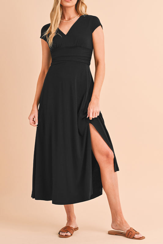 Black Deep V Neck Ruched High Waist Midi Dress