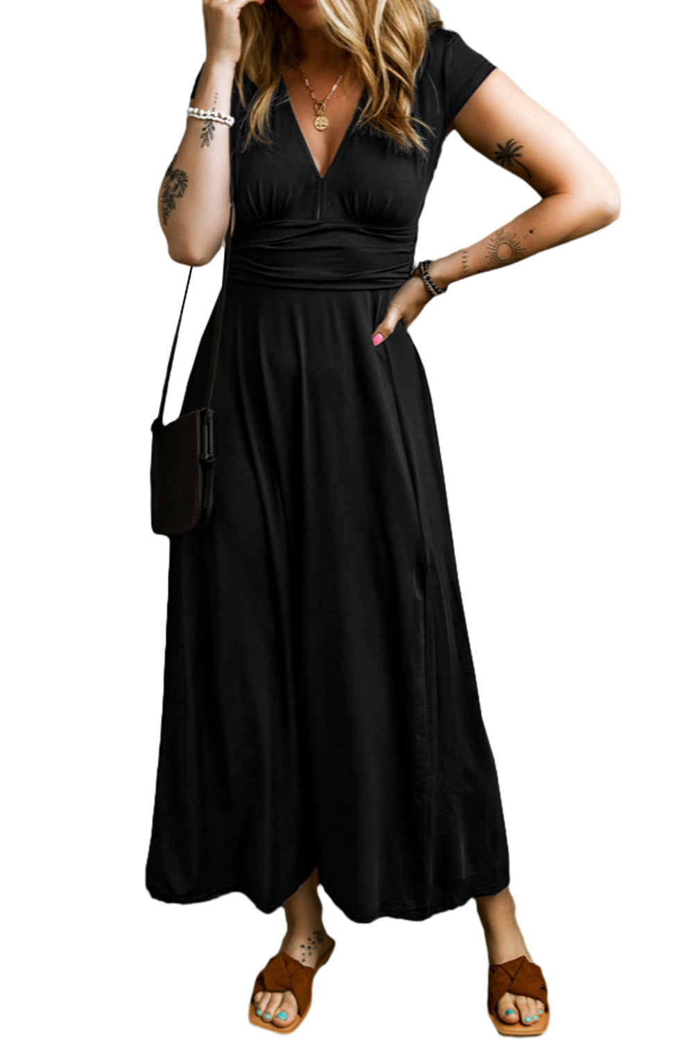 Black Deep V Neck Ruched High Waist Midi Dress