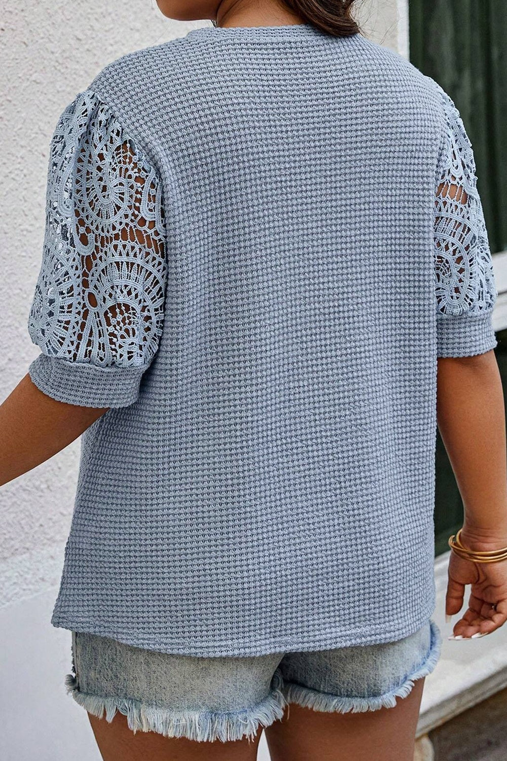 Plus Size Openwork Round Neck Half Sleeve Blouse