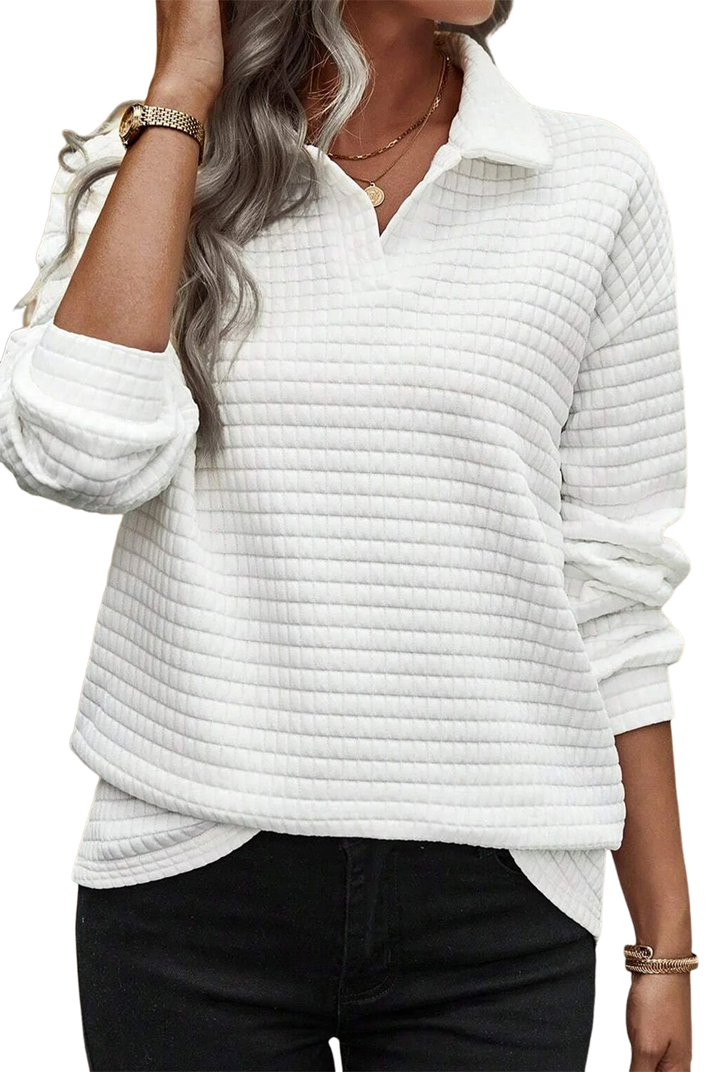 White Waffle Textured Shirtcolla Long Sleeve Top