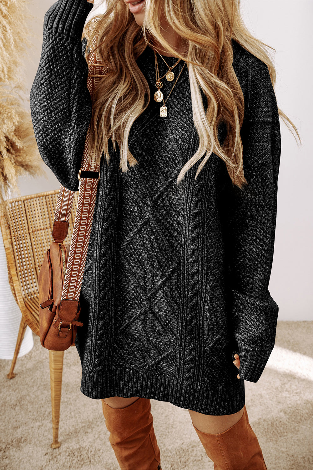 Coffee Twist Cable Knit Drop Shoulder Loose Fit Sweater Dress