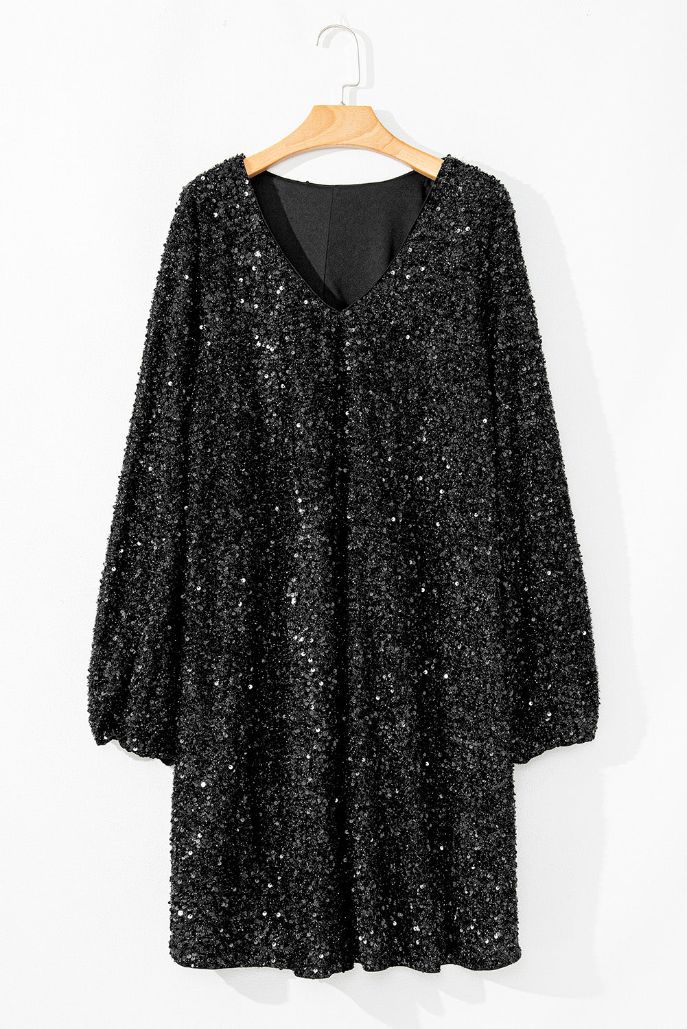 Black Plus Size Bubble Sleeve V Neck Sequin Dress