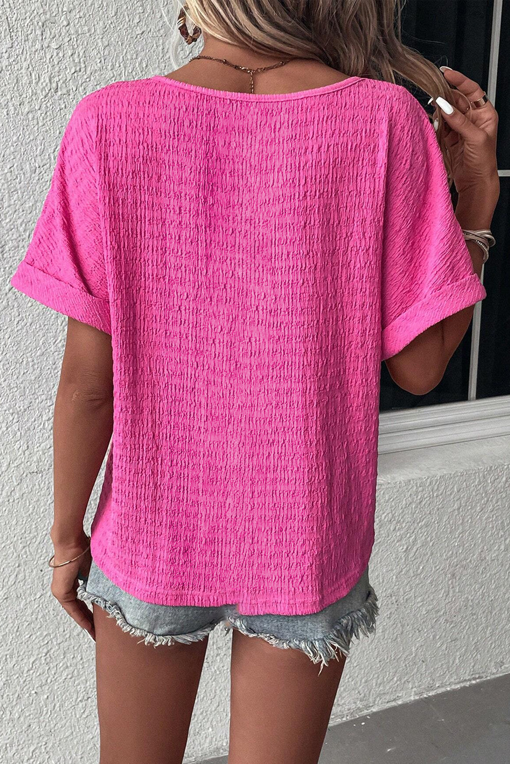 Bright Pink Textured V Neck Batwing Sleeve Plus Size Blouse