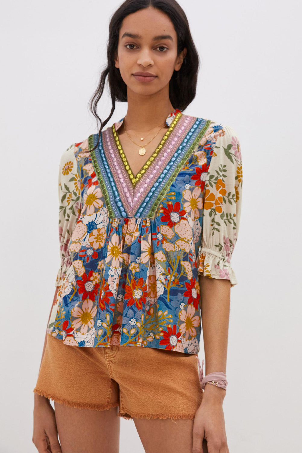 Multicolour V Neck Half Sleeve Boho Floral Blouse