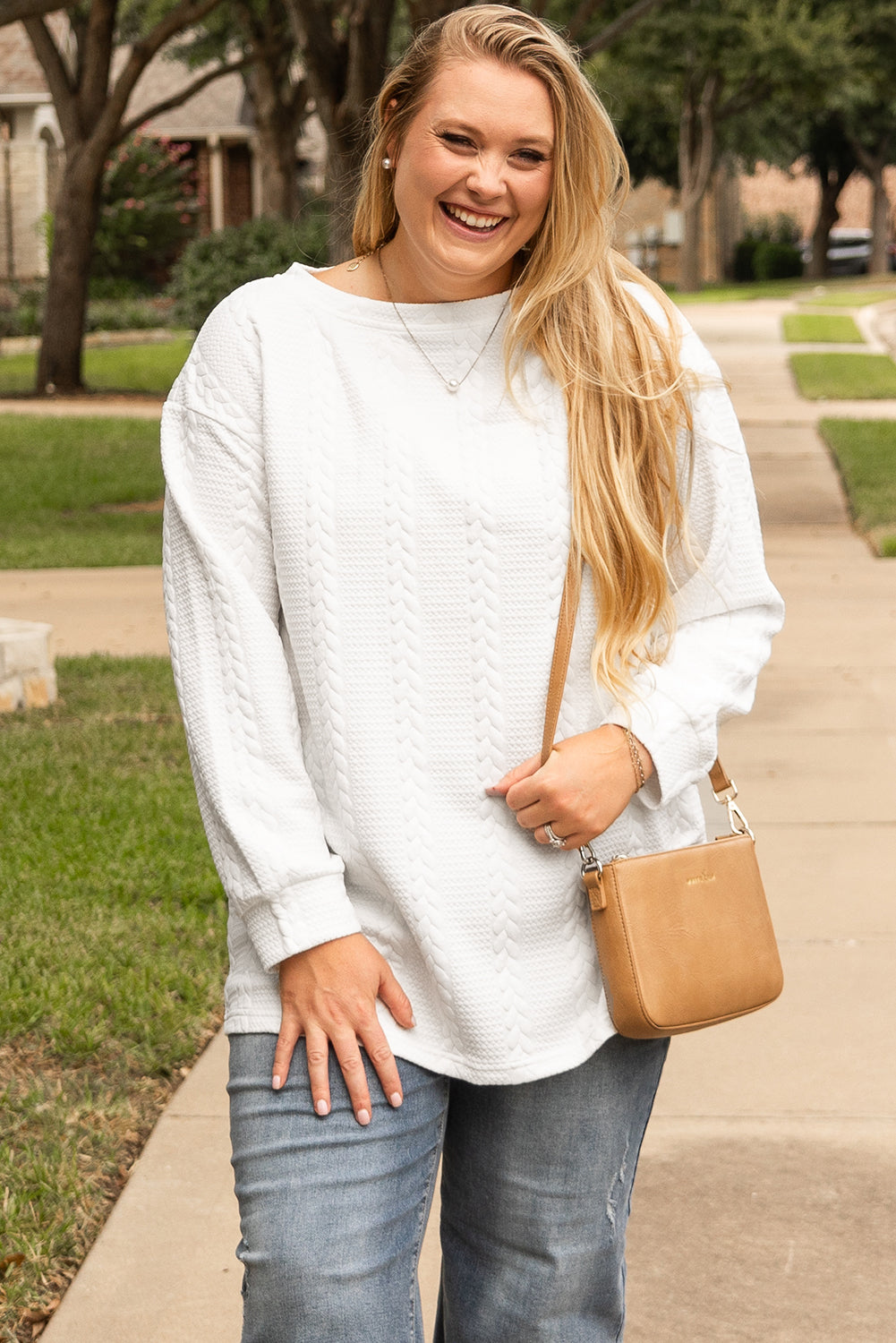 White Textured Loose Plus Size Long Sleeve Top