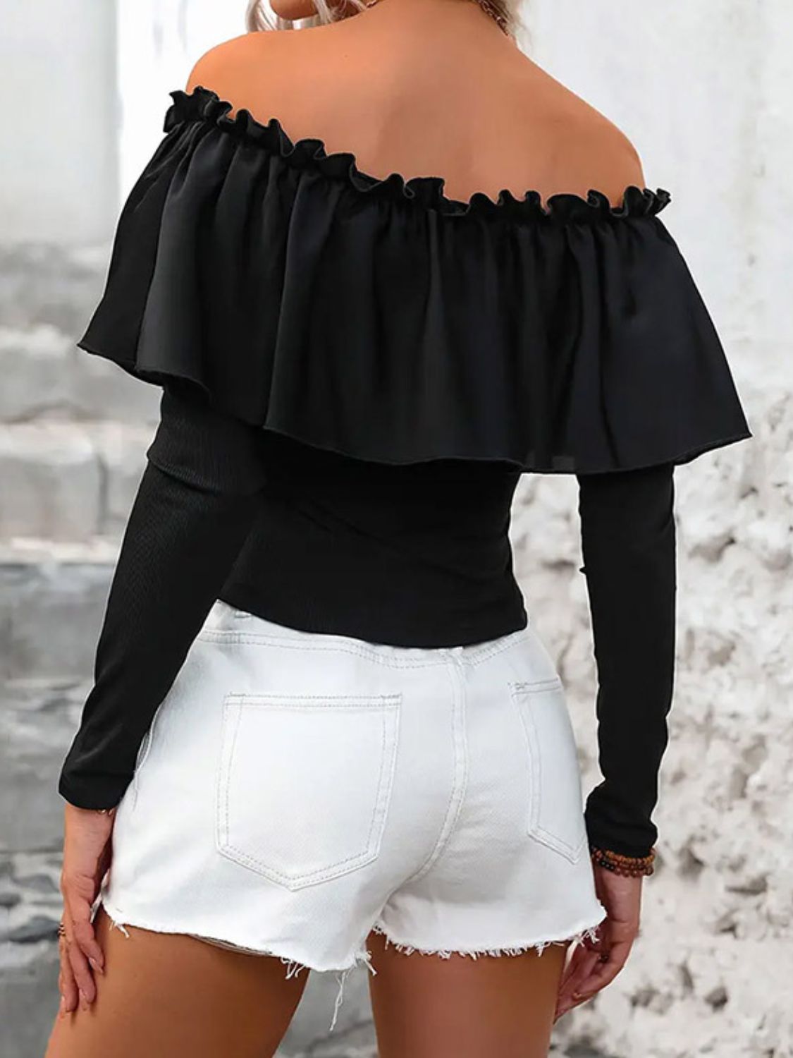 Ruffled Off-Shoulder Long Sleeve Blouse