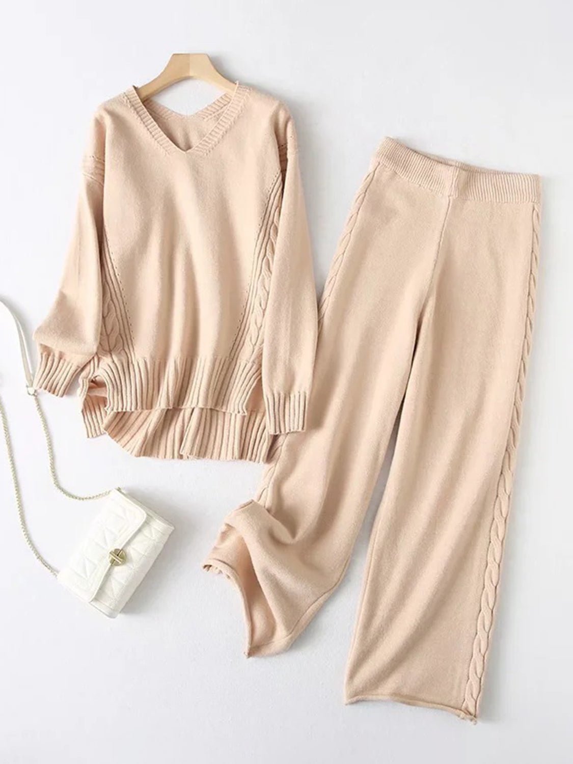 Slit V-Neck Long Sleeve Top and Pants Sweater Set