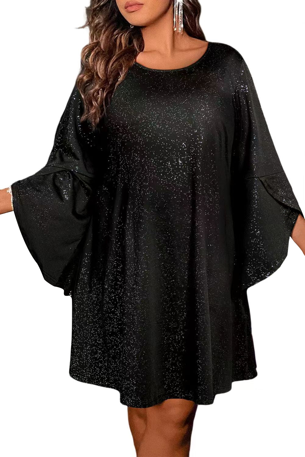 Black Bell Sleeve Shiny Plus Size Mini Dress