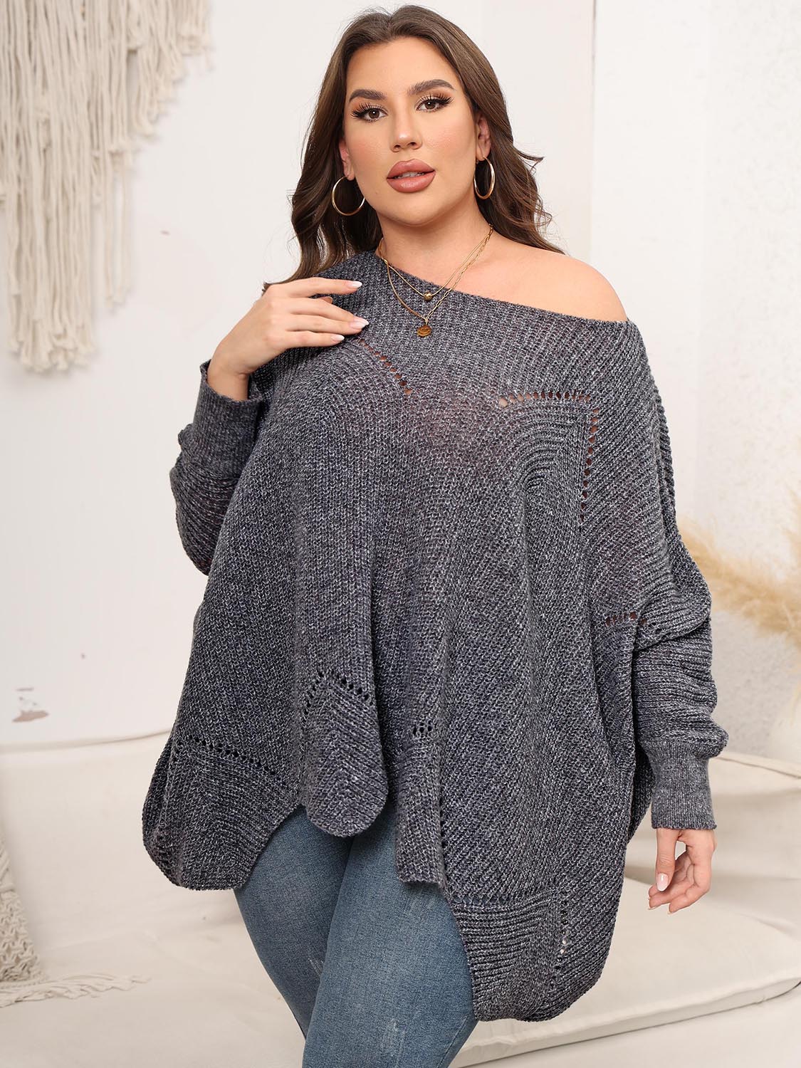 Plus Size Round Neck Batwing Sleeve Sweater