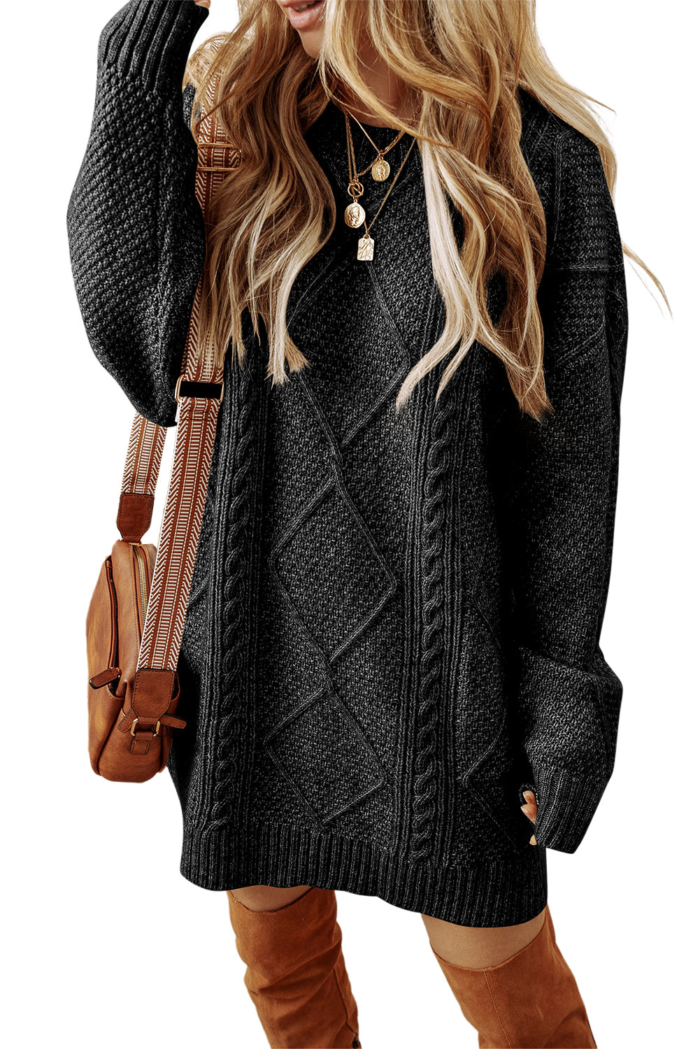 Coffee Twist Cable Knit Drop Shoulder Loose Fit Sweater Dress