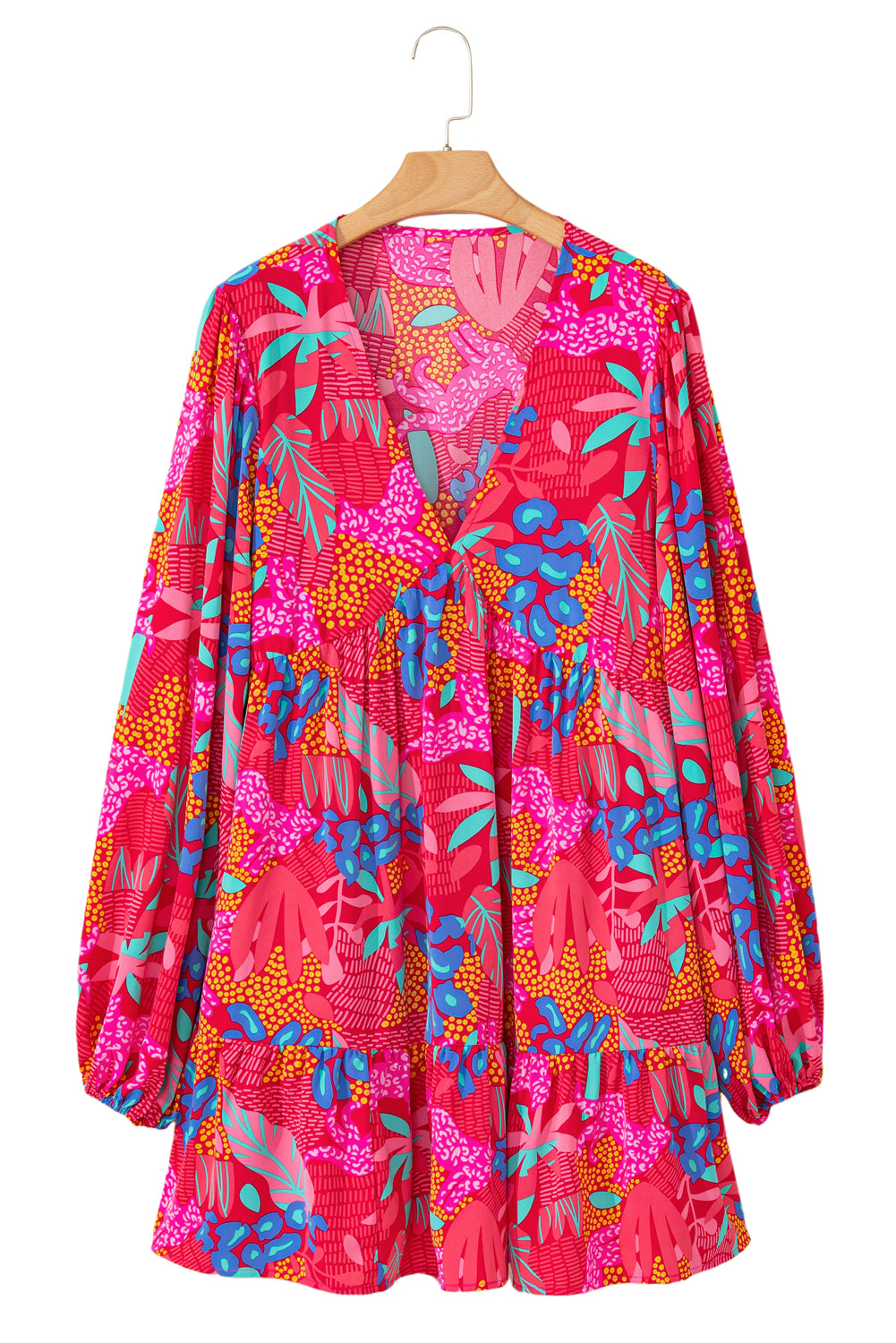 Rose Tropical Print Lantern Sleeve V Neck Ruffle Plus Size Mini Dress