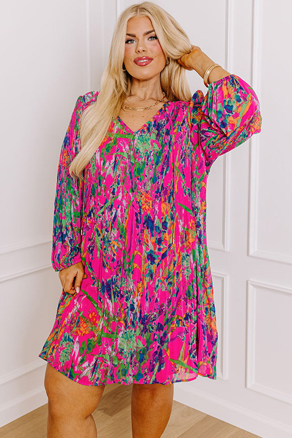 Rose Plus Size Abstract Floral Print Pleated Loose Dress