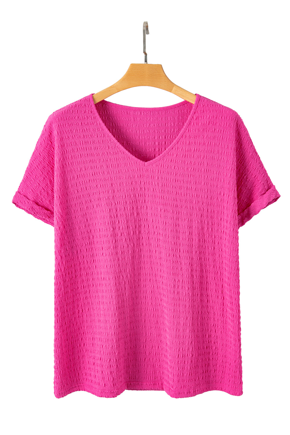 Bright Pink Textured V Neck Batwing Sleeve Plus Size Blouse