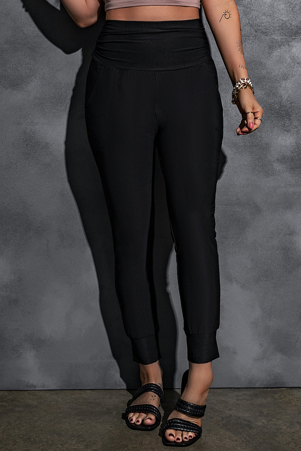 Black Pleated Casual Pocket High Waisted Leggings