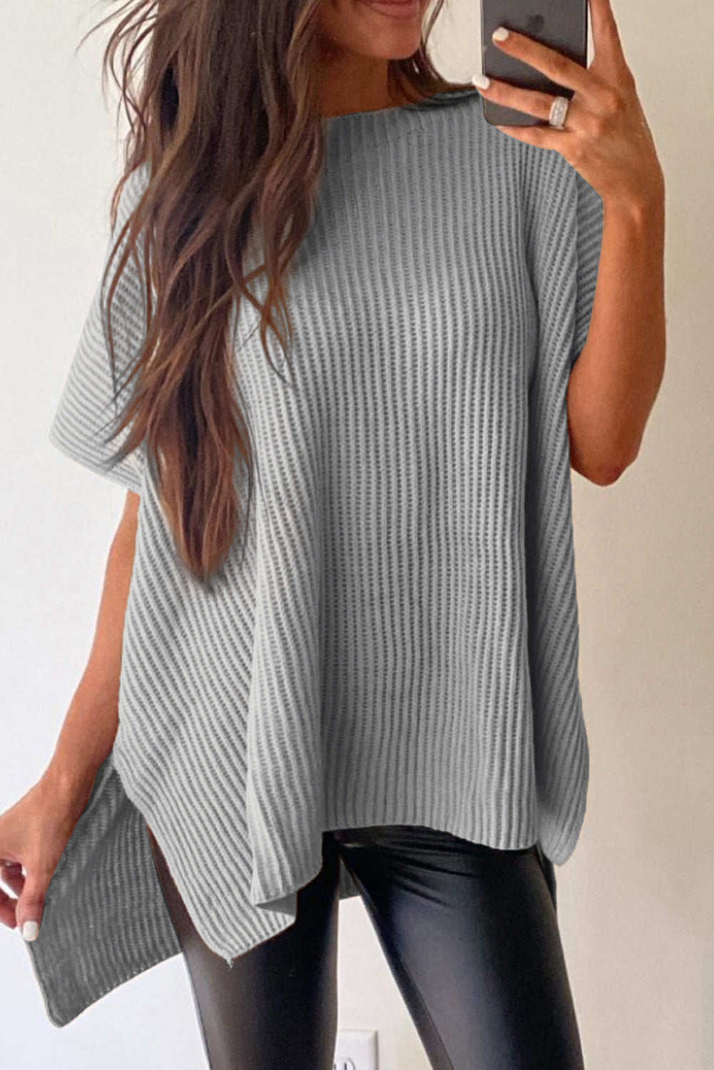 Apricot Side Slit Short Sleeve Oversized Sweater